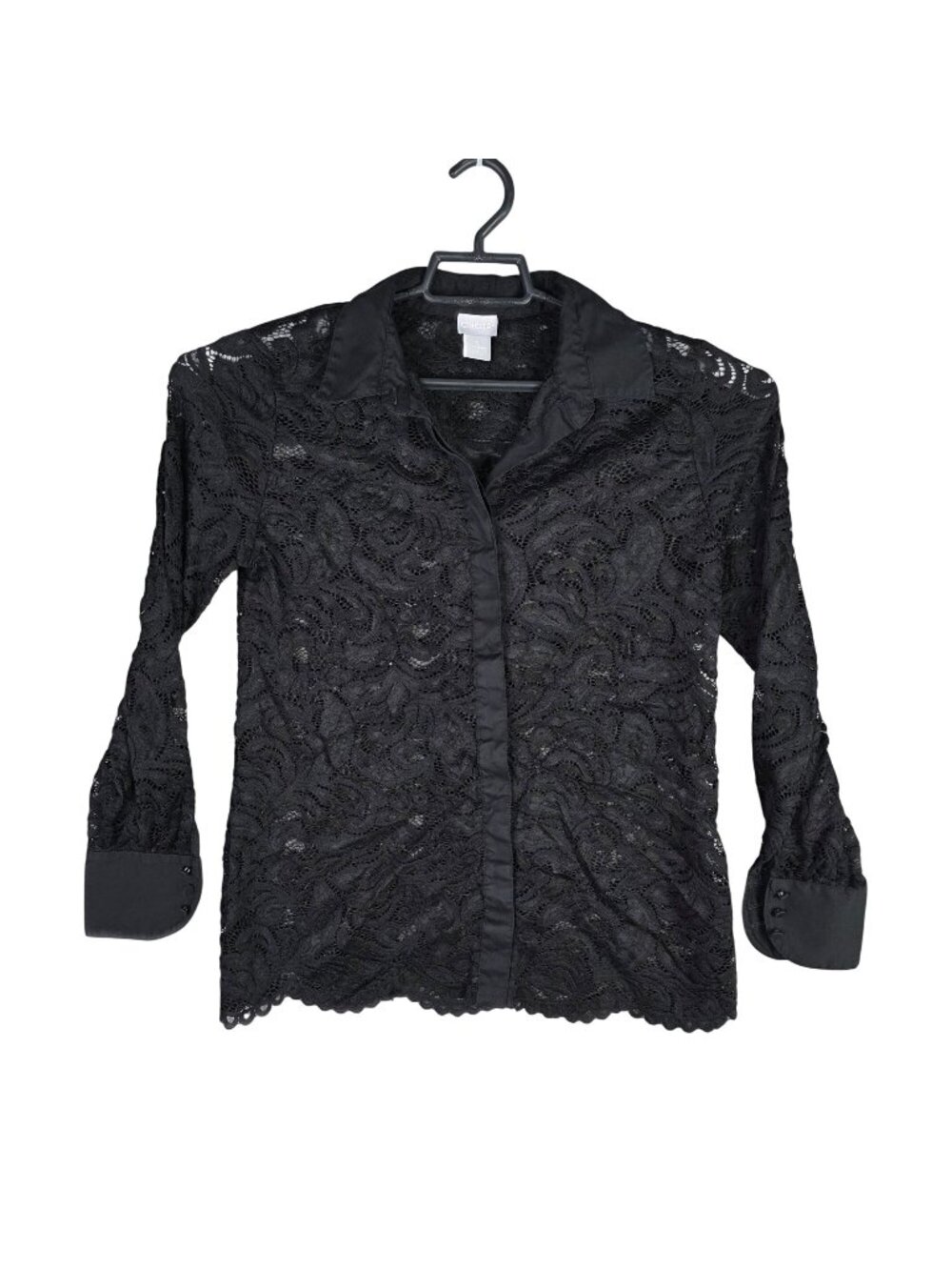 Womens Chicos Black Lace Button Down Blouse Satin Trim Long Sleeve Scallop Hem 0